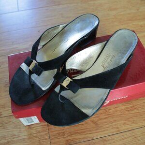 Salvatore Ferragamo Sandal Heels Black Suede Leather Gold Metal Detail Size 10